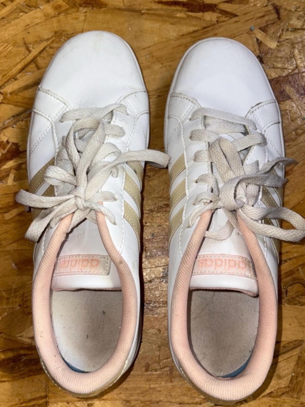 adidas White Sneakers with Pale Pink Lining and Beige Stripes